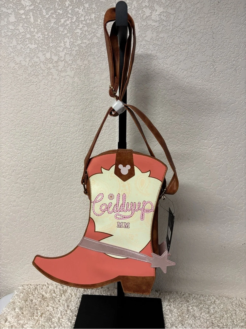 Disney Minnie Mouse Coral and Cream Cowgirl Boot Crossbody Bag